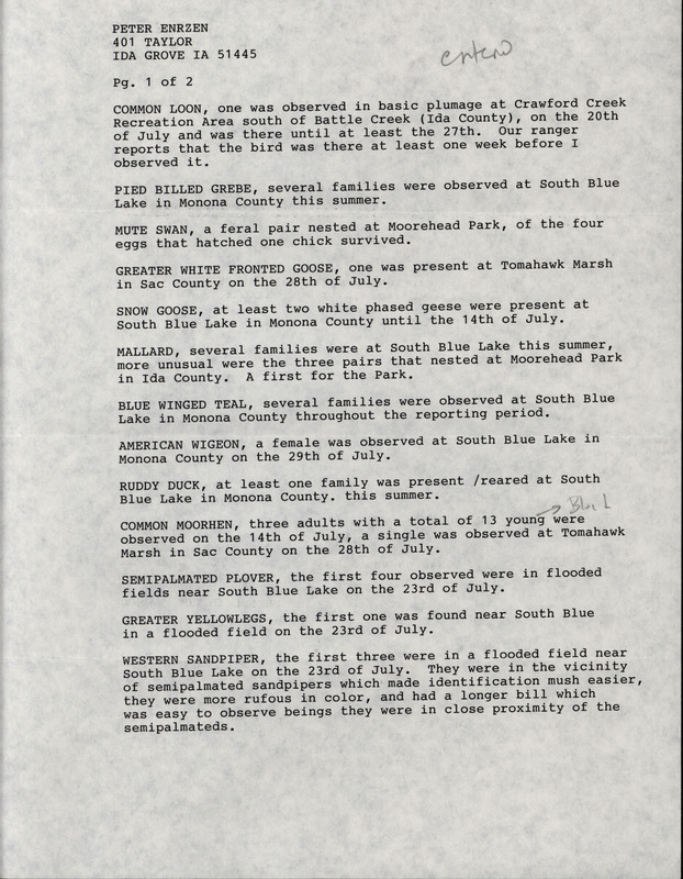 An annotated list of birds sighted by Peter Ernzen. This item was used as supporting documentation for the Iowa Ornithologists' Union Quarterly field report of Summer 1994.