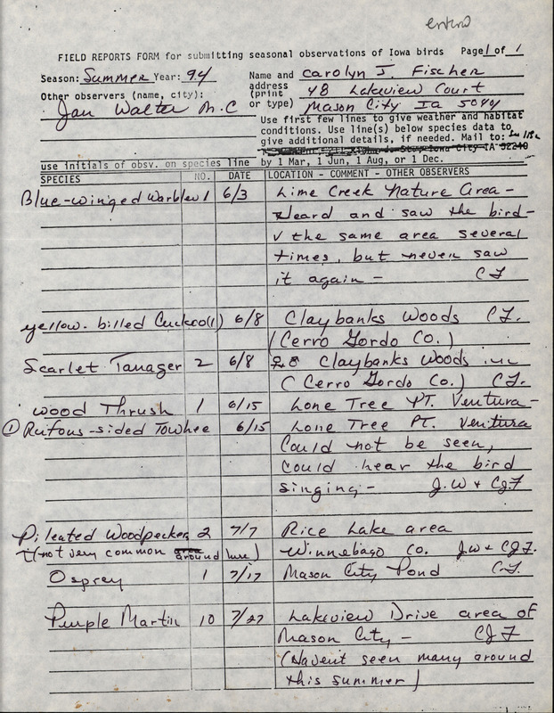 An annotated list of birds sighted by Carolyn Fischer and Jan Walter. This item was used as supporting documentation for the Iowa Ornithologists' Union Quarterly field report of Summer 1994.