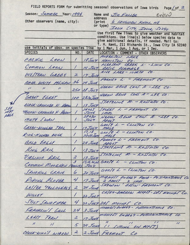 An annotated list of birds sighted by Jim Fuller. This item was used as supporting documentation for the Iowa Ornithologists' Union Quarterly field report of Summer 1994.