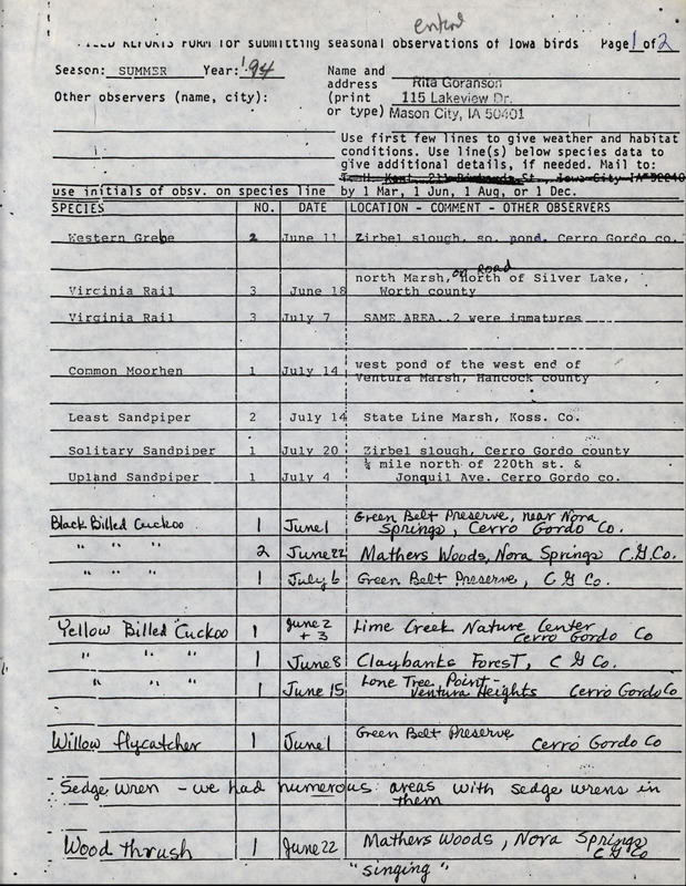 An annotated list of birds sighted by Rita Goranson. This item was used as supporting documentation for the Iowa Ornithologists' Union Quarterly field report of Summer 1994.