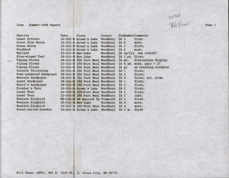 An annotated list of birds sighted by Bill Huser. This item was used as supporting documentation for the Iowa Ornithologists' Union Quarterly field report of Summer 1994.