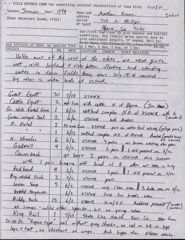 An annotated list of birds sighted by Matthew Kenne. This item was used as supporting documentation for the Iowa Ornithologists' Union Quarterly field report of Summer 1994.