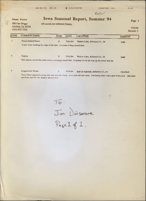 Printout of an annotated list of birds sighted by Diane Porter dated July 31, 1994. This item was used as supporting documentation for the Iowa Ornithologists' Union Quarterly field report of Summer 1994.