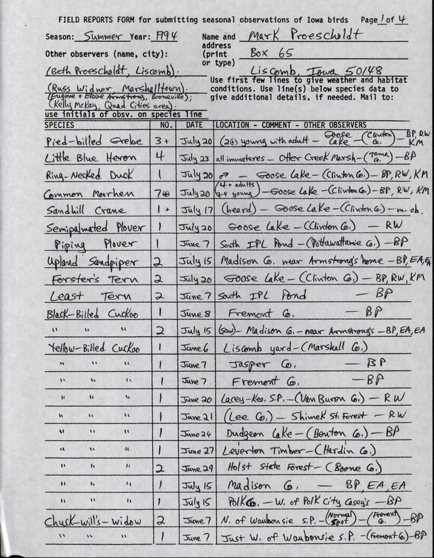 An annotated list of birds sighted by Mark Proescholdt and five others. This item was used as supporting documentation for the Iowa Ornithologists' Union Quarterly field report of Summer 1994.