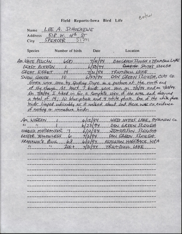 An annotated list of birds sighted by Lee Schoenewe. This item was used as supporting documentation for the Iowa Ornithologists' Union Quarterly field report of Summer 1994.