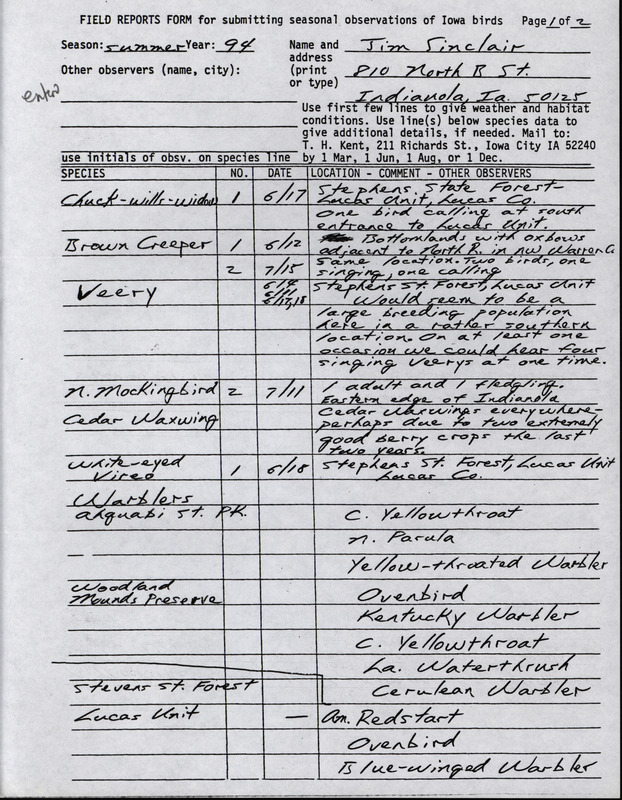 An annotated list of birds sighted by Jim Sinclair. This item was used as supporting documentation for the Iowa Ornithologists' Union Quarterly field report of Summer 1994.