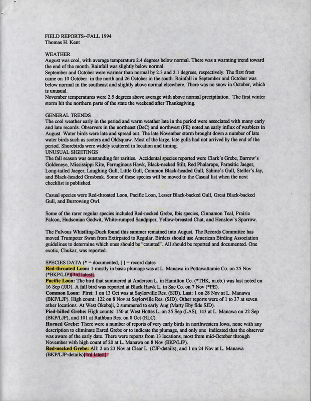 Thomas Kent notes that the fall season was outstanding for rarities, that the Records Committee will clarify which birds need documentation, and that a new field checklist will be published in 1995. Quarterly field report for the fall of 1984 titled "Field reports--fall 1994."