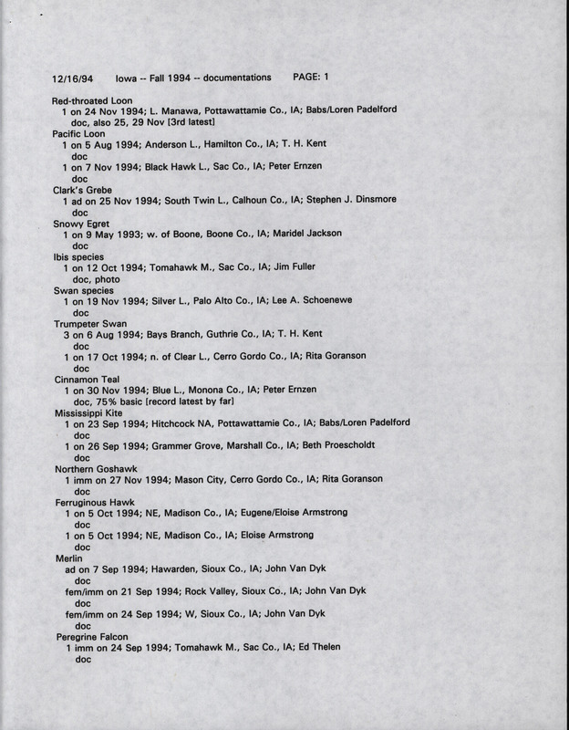 List of documented bird sightings dated December 16, 1994. This list contains the species that were documented in Iowa for fall 1994. This item was used as supporting documentation for the Iowa Ornithologists' Union Quarterly field report of fall 1994.