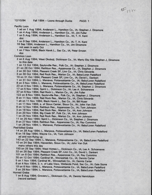 List of bird sightings dated December 10, 1994. This list includes sightings of Loons, Grebes, Herons, and Ducks. This item was used as supporting documentation for the Iowa Ornithologists' Union Quarterly field report of fall 1994.