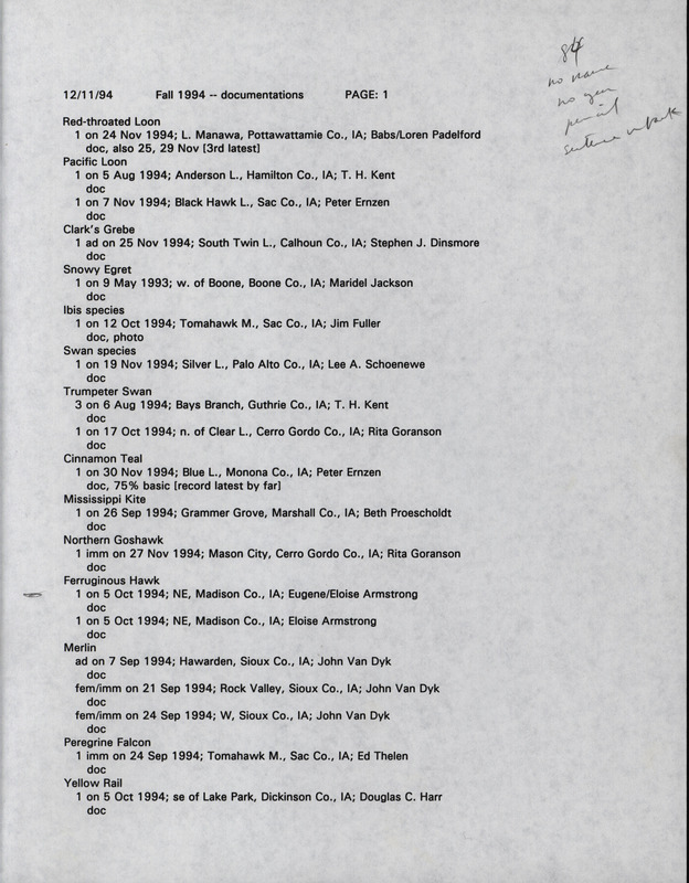 List of documented bird sightings dated December 11, 1994. This list contains the species that were documented in Iowa for fall 1994. This item was used as supporting documentation for the Iowa Ornithologists' Union Quarterly field report of fall 1994.