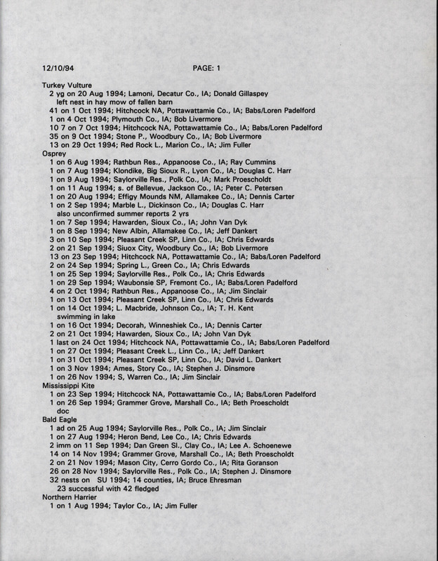 List of bird sightings dated December 10, 1994. This list includes sightings of Vultures, Gulls, Owls, and Kingfishers. This item was used as supporting documentation for the Iowa Ornithologists' Union Quarterly field report of fall 1994.