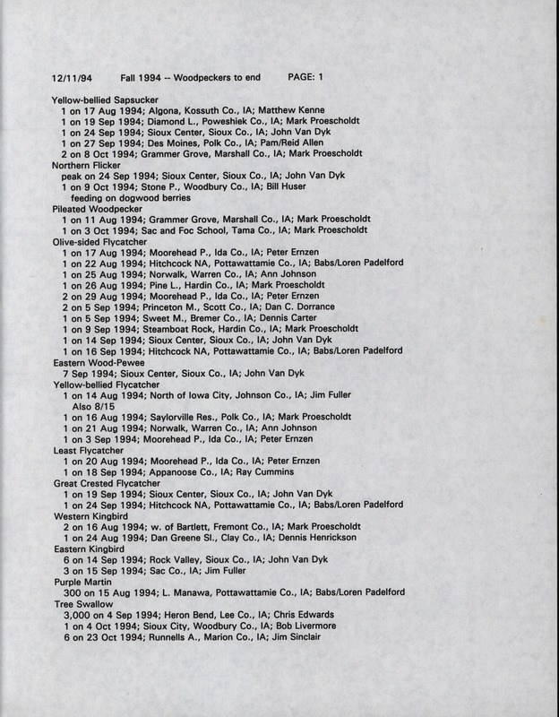 List of bird sightings dated December 11, 1994. This list includes sightings of Woodpeckers, Warblers, Sparrows, and Finches. This item was used as supporting documentation for the Iowa Ornithologists' Union Quarterly field report of fall 1994.