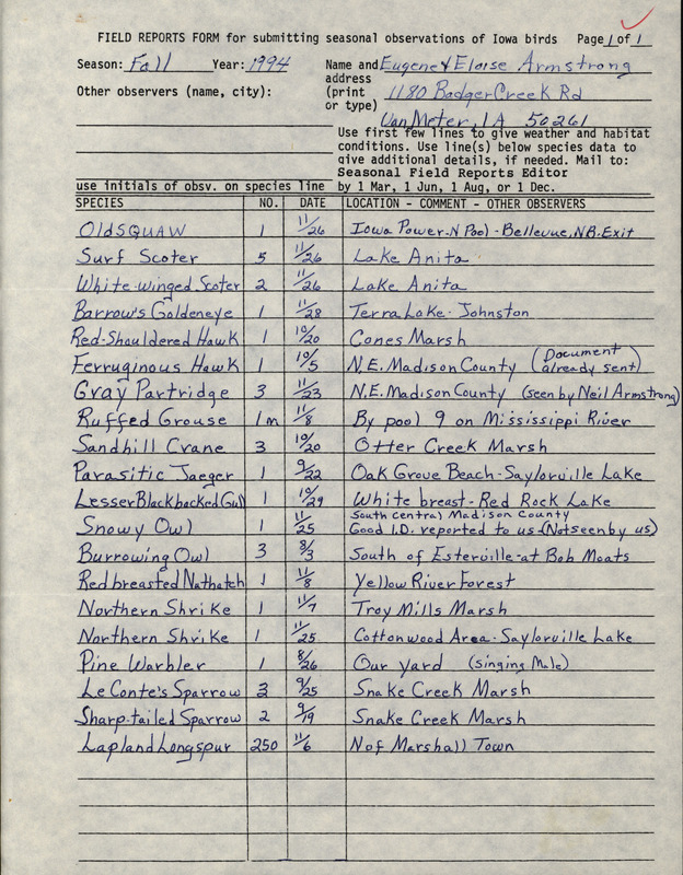 An annotated list of birds sighted by Eugene and Eloise Armstrong. This item was used as supporting documentation for the Iowa Ornithologists' Union Quarterly field report of fall 1994.