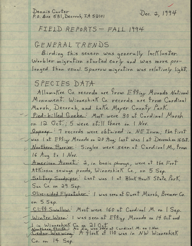 An annotated list of birds sighted by Dennis Carter dated December 2, 1994. This item was used as supporting documentation for the Iowa Ornithologists' Union Quarterly field report of fall 1994.