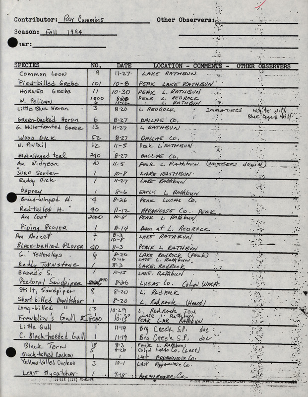 An annotated list of birds sighted by Ray Cummins. This item was used as supporting documentation for the Iowa Ornithologists' Union Quarterly field report of fall 1994.