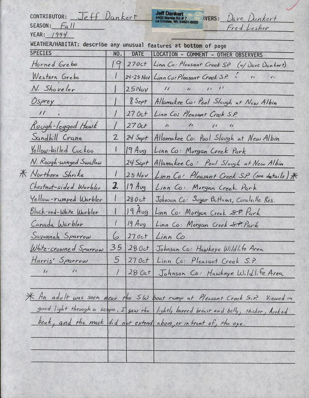 An annotated list of birds sighted by Jeff Dankert and two others. This item was used as supporting documentation for the Iowa Ornithologists' Union Quarterly field report of fall 1994.