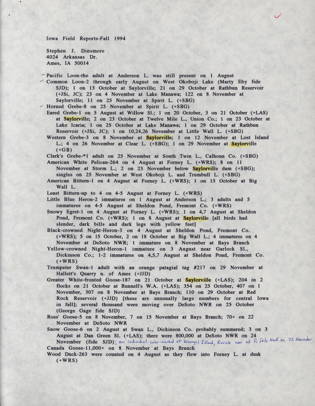 An annotated list of birds sighted by Stephen Dinsmore and others. This item was used as supporting documentation for the Iowa Ornithologists' Union Quarterly field report of fall 1994.