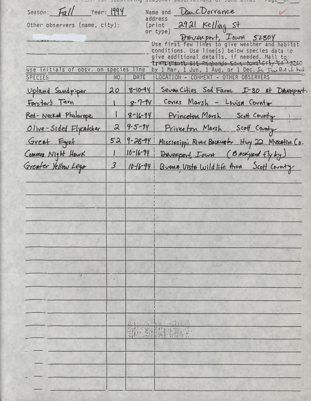 An annotated list of birds sighted by Dan Dorrance. This item was used as supporting documentation for the Iowa Ornithologists' Union Quarterly field report of fall 1994.