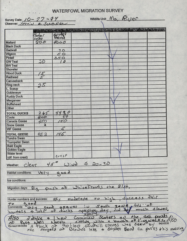 A County of waterfowl at Badger Lake and Snyder Bend. This item was used as supporting documentation for the Iowa Ornithologists' Union Quarterly field report of fall 1994.