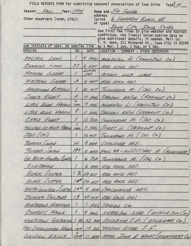 An annotated list of birds sighted by Jim Fuller. This item was used as supporting documentation for the Iowa Ornithologists' Union Quarterly field report of fall 1994.