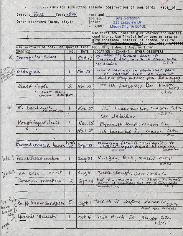 An annotated list of birds sighted by Rita Goranson. This item was used as supporting documentation for the Iowa Ornithologists' Union Quarterly field report of fall 1994.