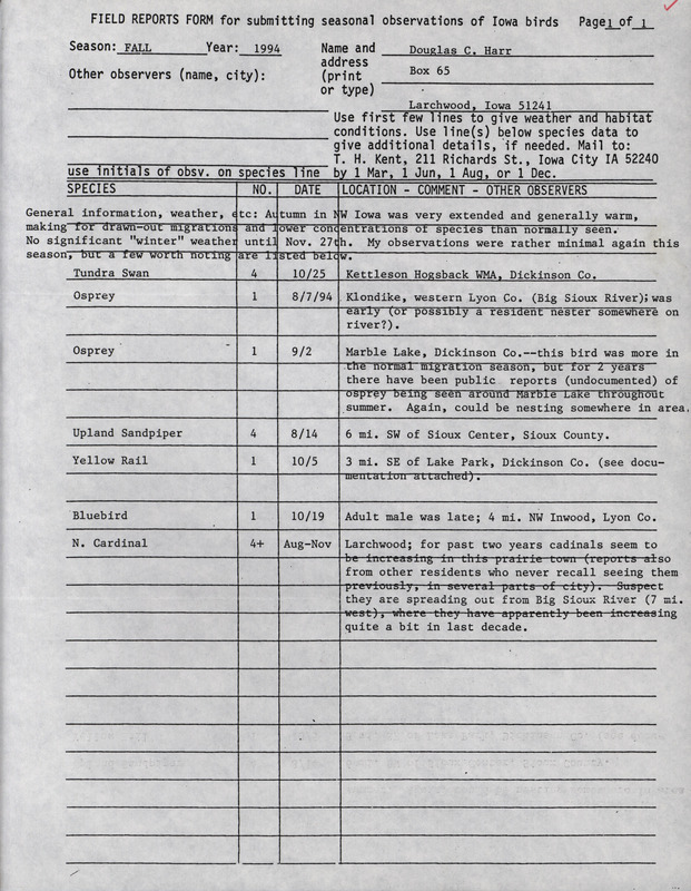 An annotated list of birds sighted by Douglas Harr. This item was used as supporting documentation for the Iowa Ornithologists' Union Quarterly field report of fall 1994.