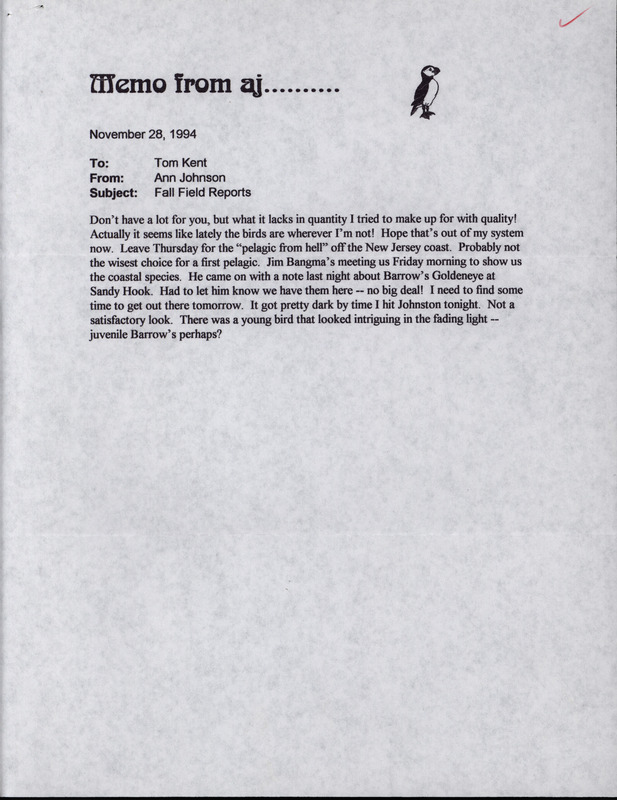 Letter from Ann Johnson to Thomas Kent dated November 28, 1994. Johnson mentions an upcoming trip to New Jersey and includes a list of bird sightings. This item was used as supporting documentation for the Iowa Ornithologists' Union Quarterly field report of fall 1994.