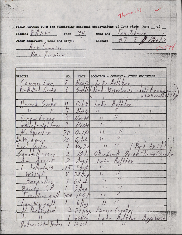 An annotated list of birds sighted by Tom Johnson. This item was used as supporting documentation for the Iowa Ornithologists' Union Quarterly field report of fall 1994.