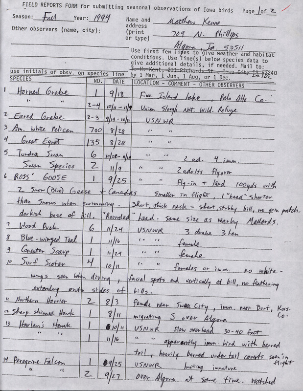 An annotated list of birds sighted by Matthew Kenne. This item was used as supporting documentation for the Iowa Ornithologists' Union Quarterly field report of fall 1994.