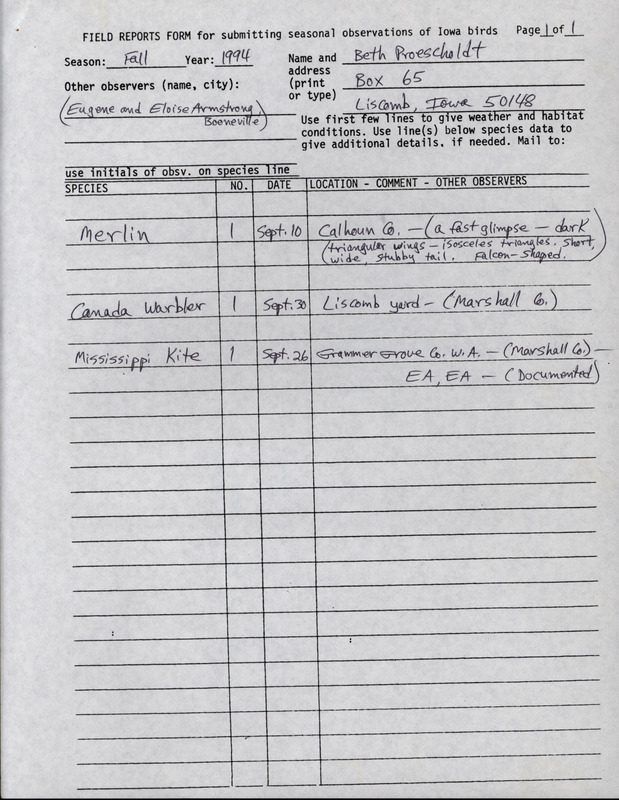 An annotated list of birds sighted by Beth Proescholdt and two others. Included with this list is a Hawk Watch report for Grammer Grove. This item was used as supporting documentation for the Iowa Ornithologists' Union Quarterly field report of fall 1994.