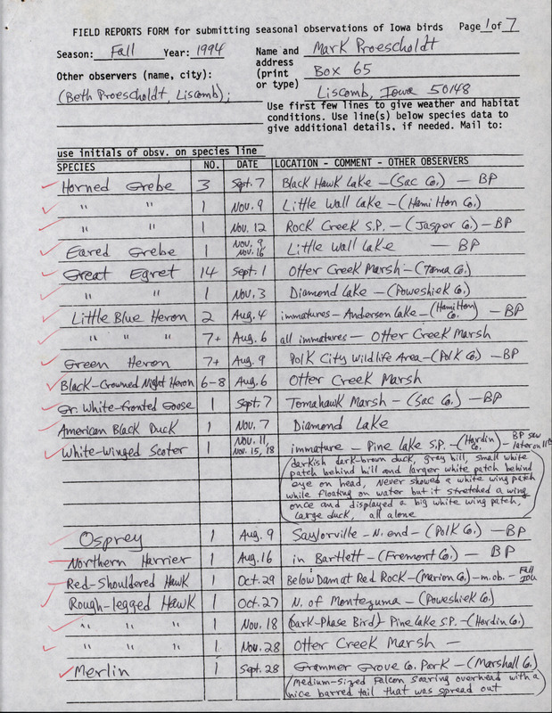 An annotated list of birds sighted by Mark Proescholdt and others. This item was used as supporting documentation for the Iowa Ornithologists' Union Quarterly field report of fall 1994.