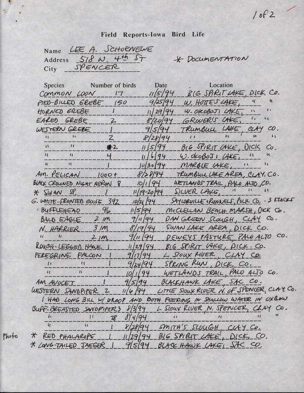 An annotated list of birds sighted by Lee Schoenewe. This item was used as supporting documentation for the Iowa Ornithologists' Union Quarterly field report of fall 1994.