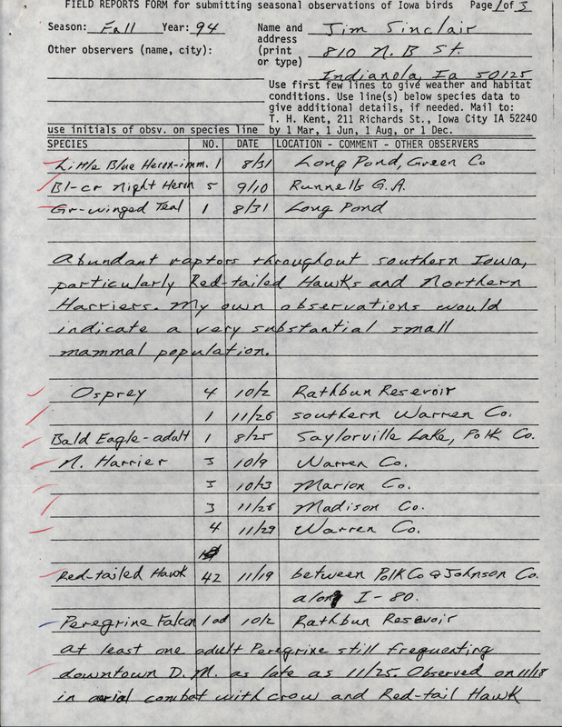 An annotated list of birds sighted by Jim Sinclair. This item was used as supporting documentation for the Iowa Ornithologists' Union Quarterly field report of fall 1994.