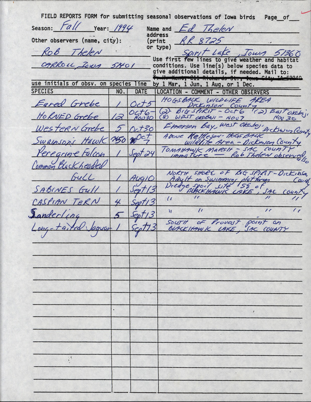 An annotated list of birds sighted by Ed Thelen. This item was used as supporting documentation for the Iowa Ornithologists' Union Quarterly field report of fall 1994.