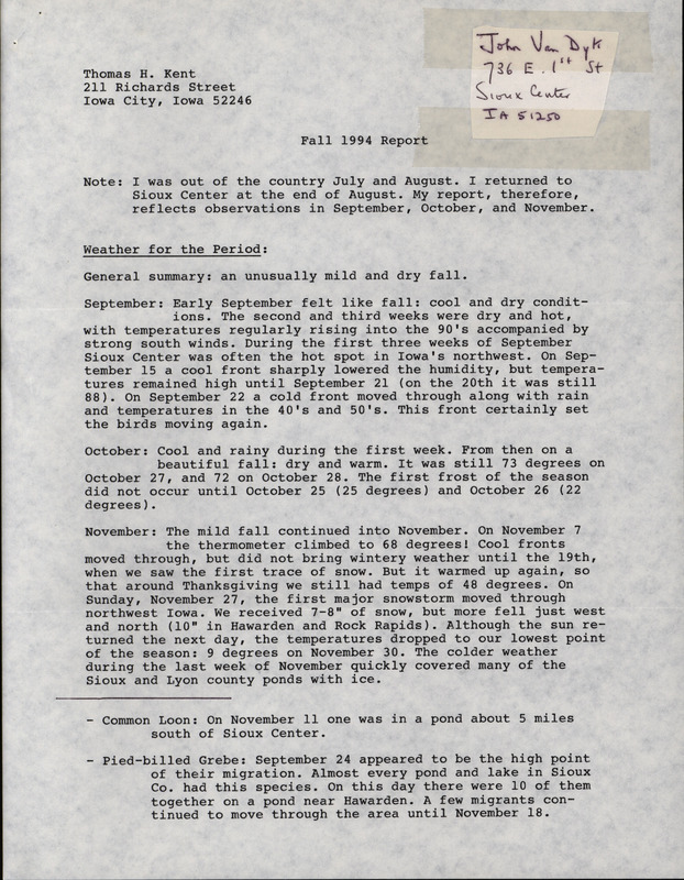 An annotated list of birds sighted by John Van Dyk. This item was used as supporting documentation for the Iowa Ornithologists' Union Quarterly field report of fall 1994.