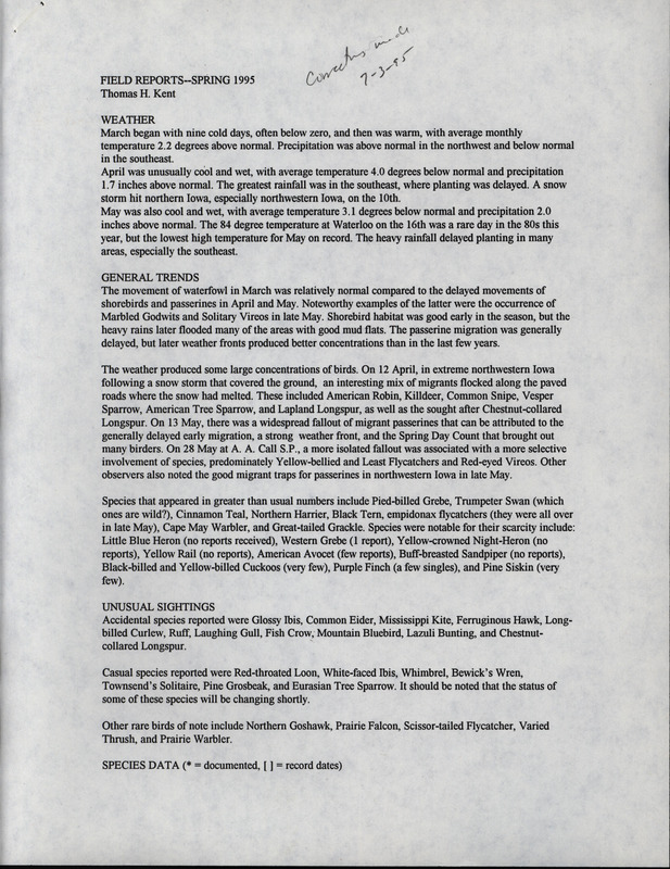 Quarterly field report for the spring of 1995. It is published in Iowa Bird Life 65:69-79, 1995.