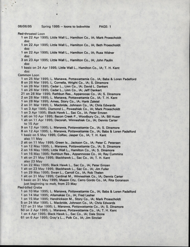 List of bird sightings dated June 6, 1995. This item was used as supporting documentation for the Iowa Ornithologists' Union Quarterly field report of spring 1995.