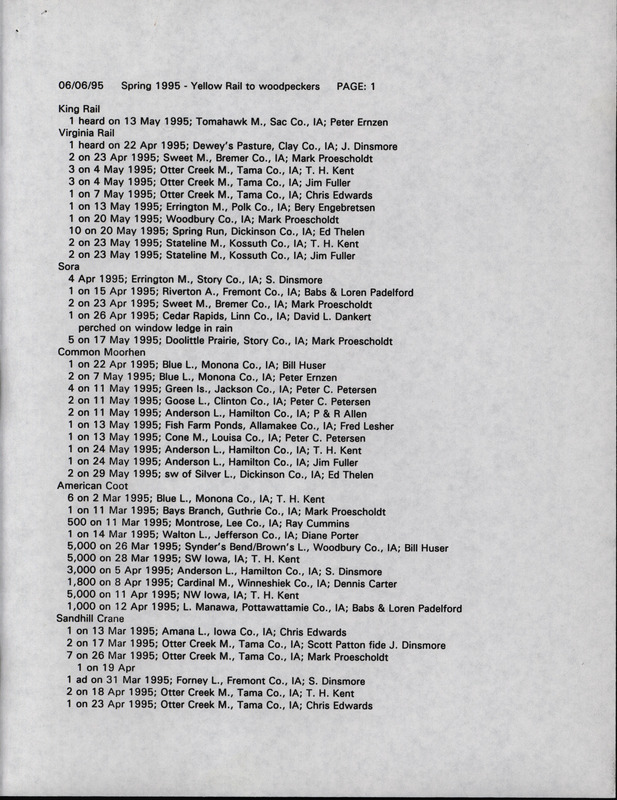 List of bird sightings dated June 6, 1995. This item was used as supporting documentation for the Iowa Ornithologists' Union Quarterly field report of spring 1995.