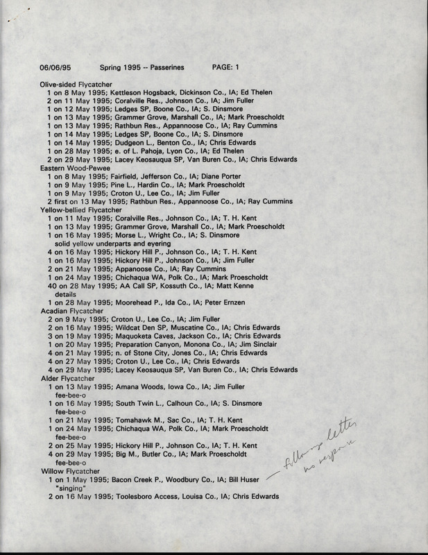 List of bird sightings dated June 6, 1995 and June 7, 1995. This item was used as supporting documentation for the Iowa Ornithologists' Union Quarterly field report of spring 1995.