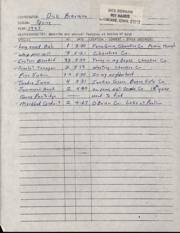 An annotated list of birds sighted by Dick Bierman. This item was used as supporting documentation for the Iowa Ornithologists' Union Quarterly field report of spring 1995.