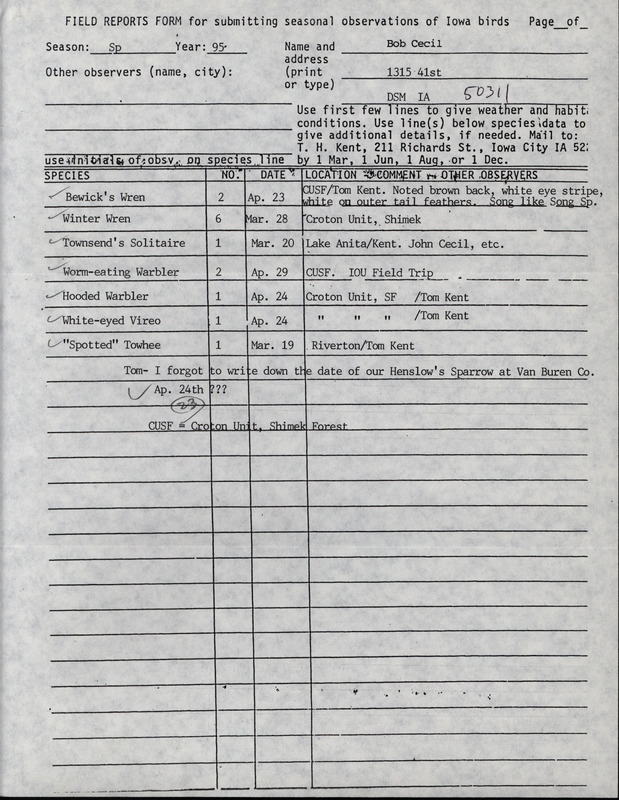 An annotated list of birds sighted by Bob Cecil. This item was used as supporting documentation for the Iowa Ornithologists' Union Quarterly field report of spring 1995.