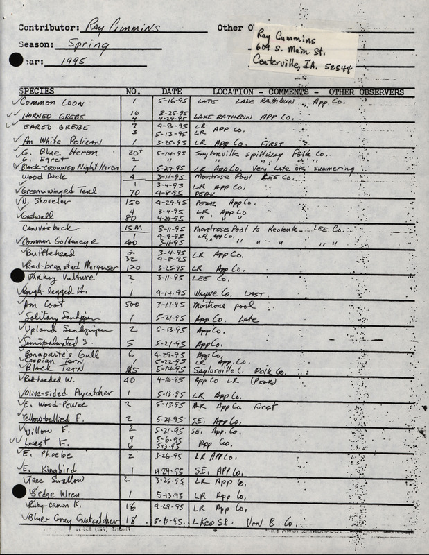 An annotated list of birds sighted by Ray Cummins. This item was used as supporting documentation for the Iowa Ornithologists' Union Quarterly field report of spring 1995.