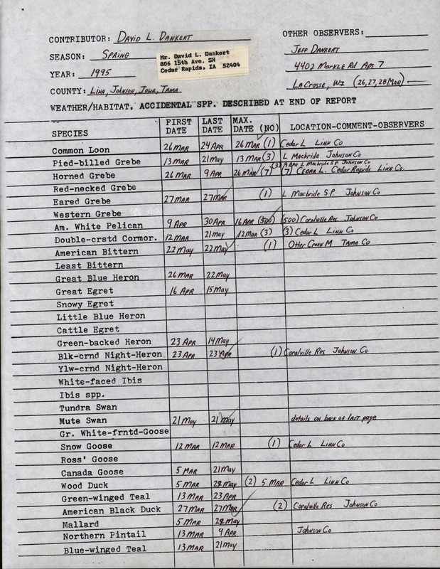 An annotated list of birds sighted by David Dankert and Jeff Dankert. This item was used as supporting documentation for the Iowa Ornithologists' Union Quarterly field report of spring 1995.