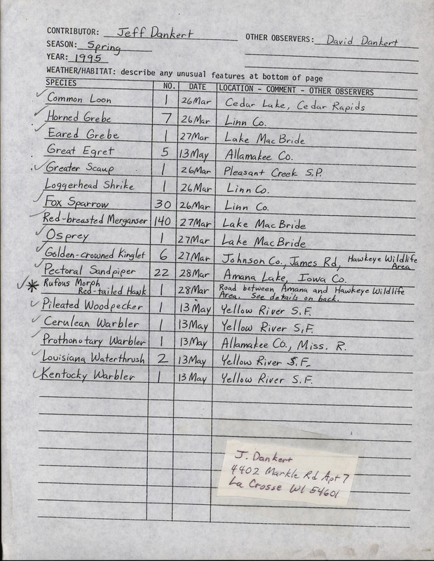 An annotated list of birds sighted by Jeff Dankert and David Dankert. This item was used as supporting documentation for the Iowa Ornithologists' Union Quarterly field report of spring 1995.