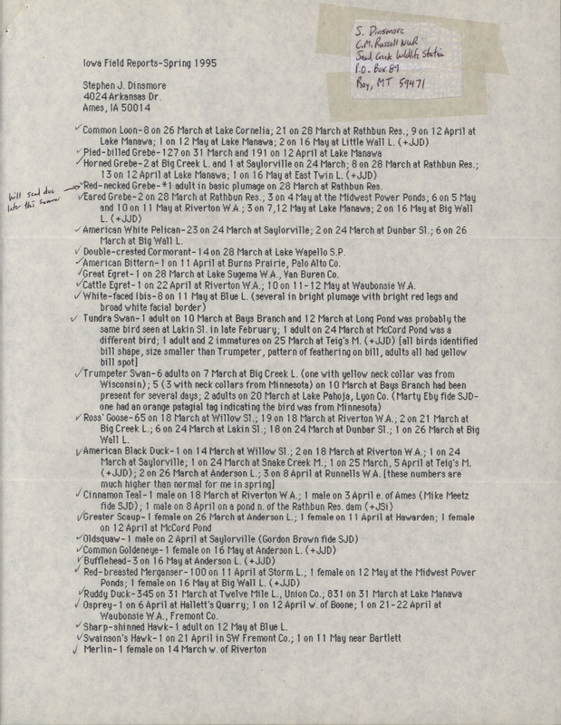 An annotated list of birds sighted by Stephen Dinsmore. This item was used as supporting documentation for the Iowa Ornithologists' Union Quarterly field report of spring 1995.