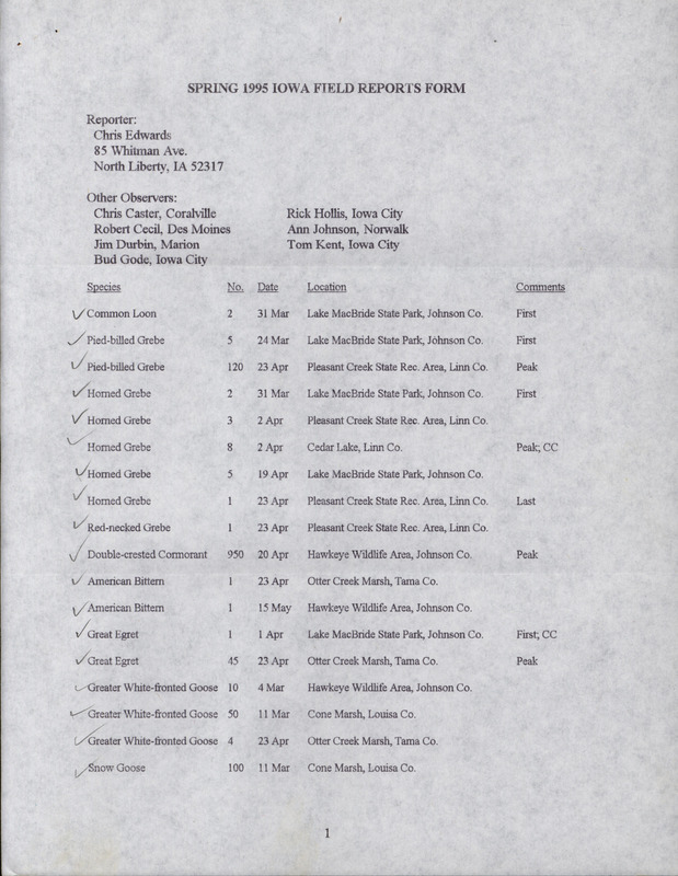 An annotated list of birds sighted by Chris Edwards and seven others. This item was used as supporting documentation for the Iowa Ornithologists' Union Quarterly field report of spring 1995.