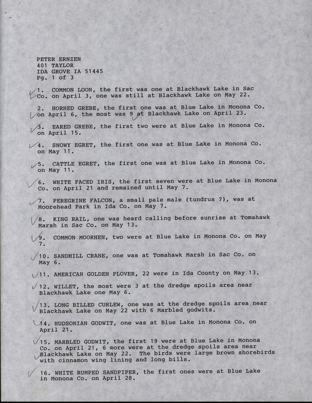 An annotated list of birds sighted by Peter Ernzen. This item was used as supporting documentation for the Iowa Ornithologists' Union Quarterly field report of spring 1995.