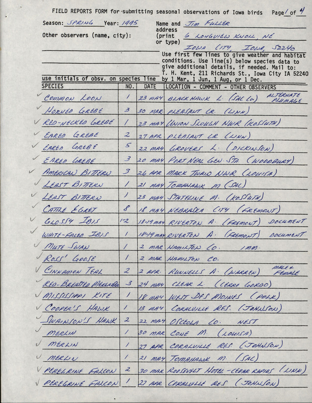 An annotated list of birds sighted by Jim Fuller. This item was used as supporting documentation for the Iowa Ornithologists' Union Quarterly field report of spring 1995.