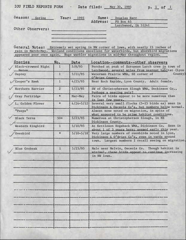 An annotated list of birds sighted by Douglas Harr. This item was used as supporting documentation for the Iowa Ornithologists' Union Quarterly field report of spring 1995.