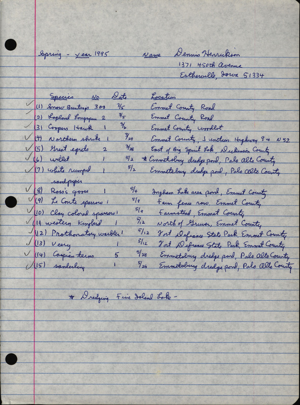 An annotated list of birds sighted by Dennis Henrickson. This item was used as supporting documentation for the Iowa Ornithologists' Union Quarterly field report of spring 1995.